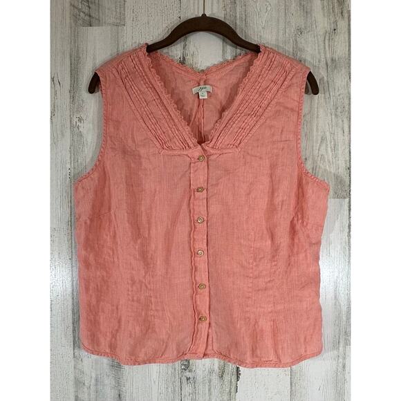 J Jill Sleeveless Top Vest Size Large Peach Coral Button Up Pintuck Pleat Linen - Picture 1 of 8